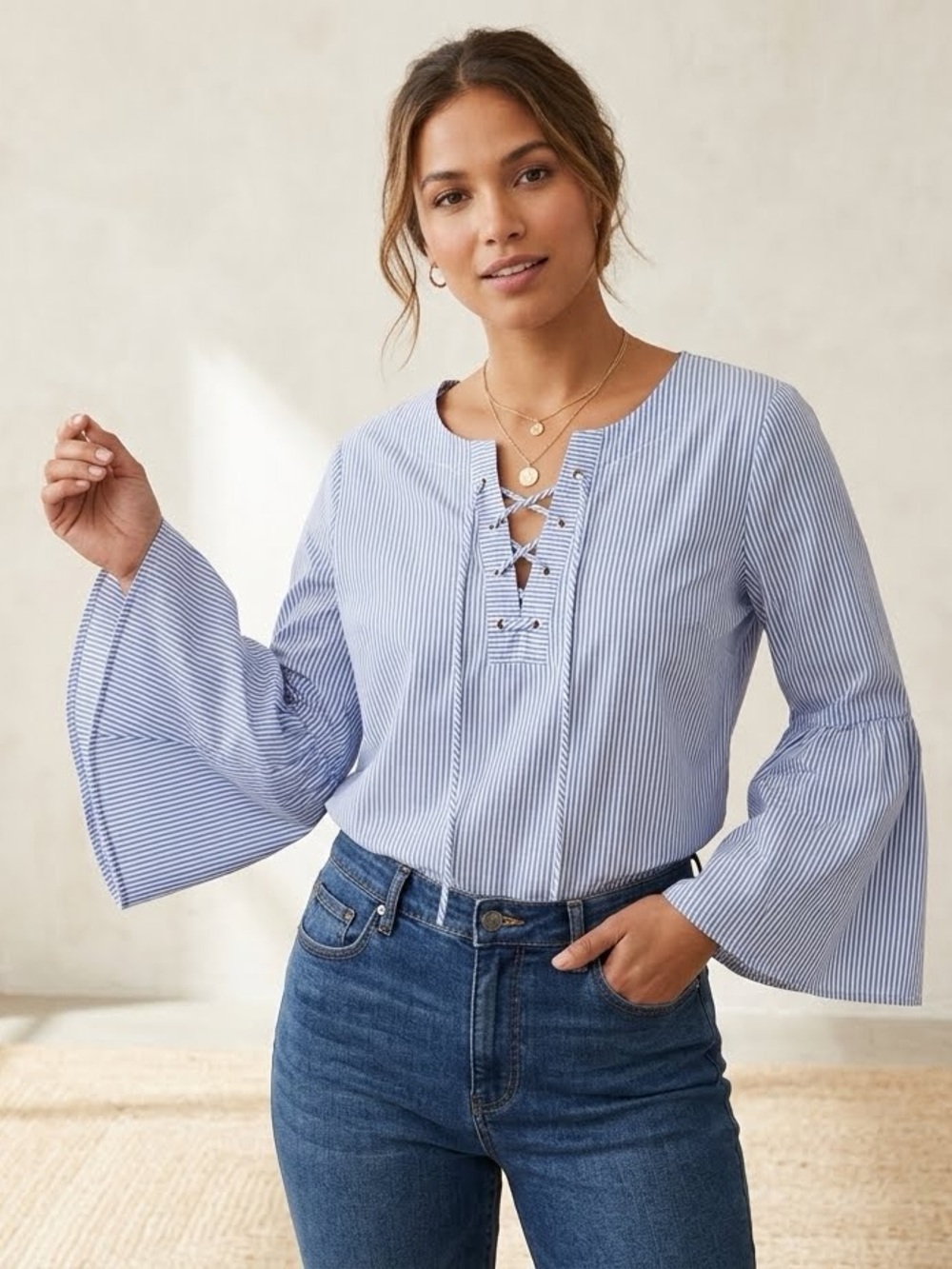 St. John’s Bay Blue White Pinstripe 100% Cotton Bell Sleeve Lace Up Blouse M